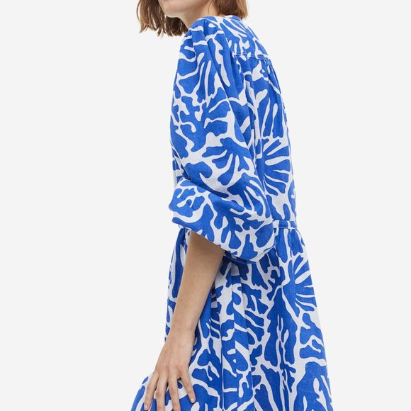 NWT H&M Bright Blue Pattern Linen Blend Short Dress Size: Medium - Picture 5 of 12